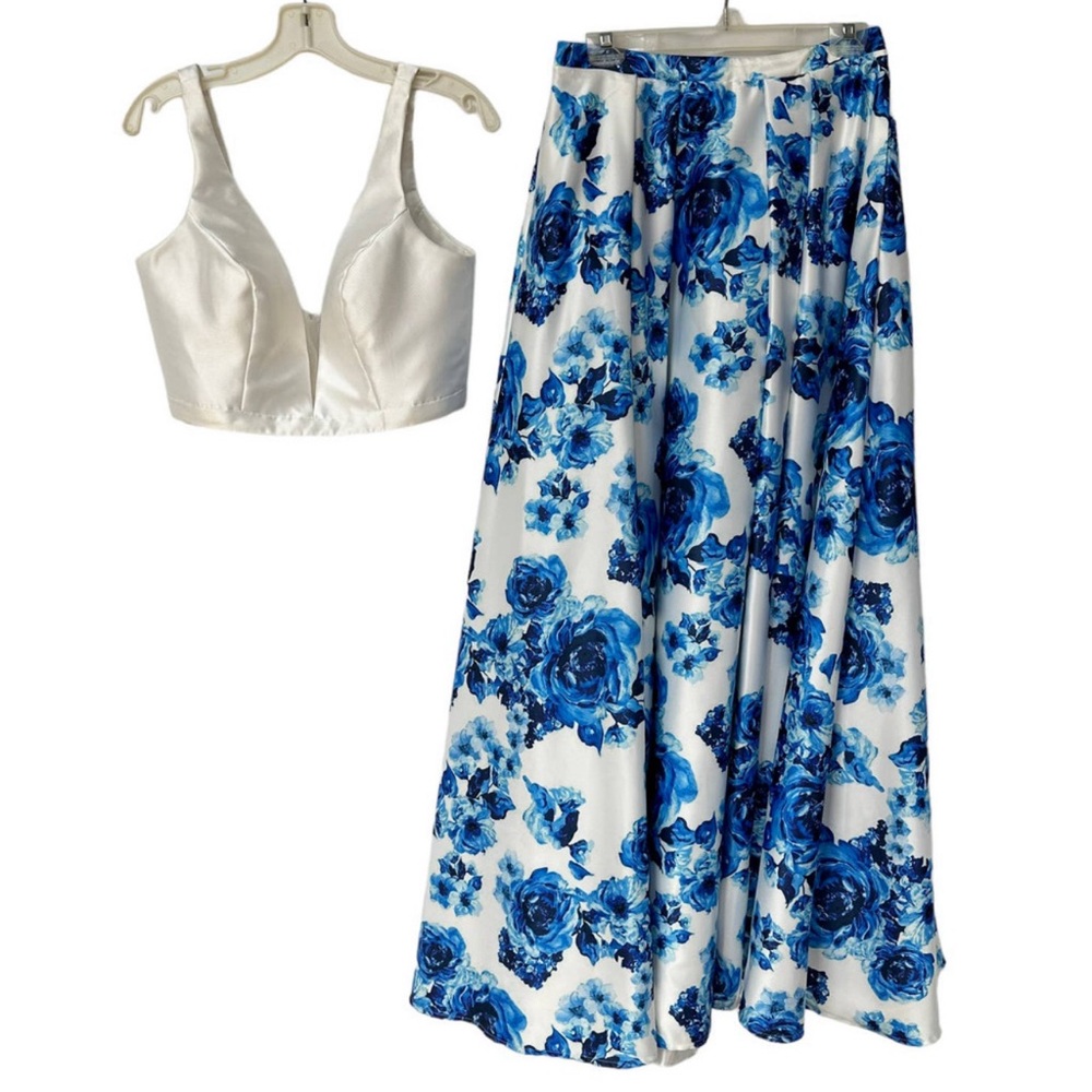 JVN By Jovani Formal Dress Two Piece Floral Crop Top White Blue Prom Women's 10